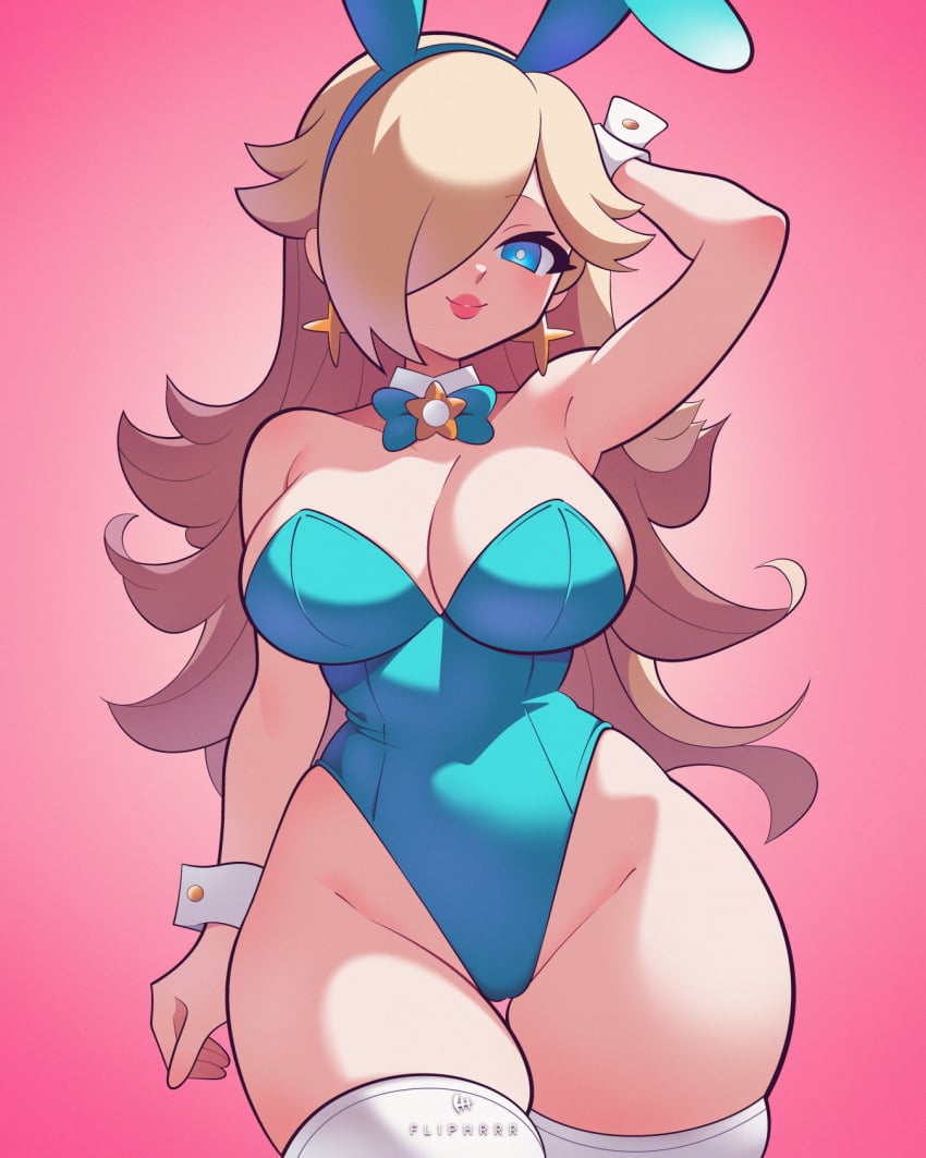 1girls blue_eyes bowtie breasts cleavage earrings female female_only flipherrrr hair_over_one_eye leotard light-skinned_female light_skin lips lipstick long_hair mario_(series) nintendo pink_lipstick platinum_blonde_hair playboy_bunny princess_rosalina rabbit solo star_earrings strapless_leotard tagme wide_hips