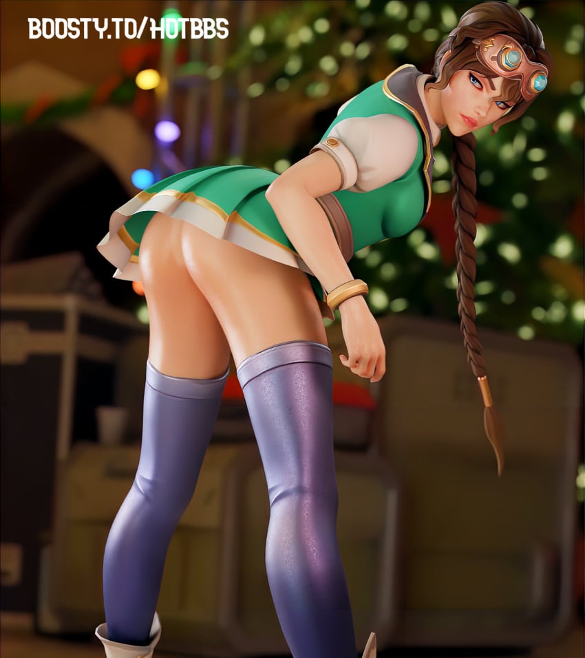 1girls 3d bending_forward bending_over blender blizzard_entertainment blue_eyes blurry_background boosty_username bracelet braid braided_hair brown_hair clothed feet_out_of_frame female female_only goggles goggles_on_head long_hair looking_back overwatch overwatch_2 self_upload short_skirt short_sleeves solo standing thighhighs url widowmaker zina1chan