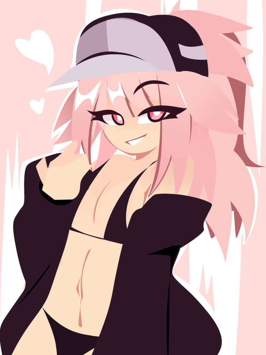 bra coat color colored eyebrow_through_hair eyelashes femboy flat_chest flat_chested hat heart hearts_around_head long_hair looking_at_viewer male male_focus male_only panties pink_eyes pink_hair ponytail pose raised_eyebrow rivergravidade smirk smirking smirking_at_viewer stomach white_pupils