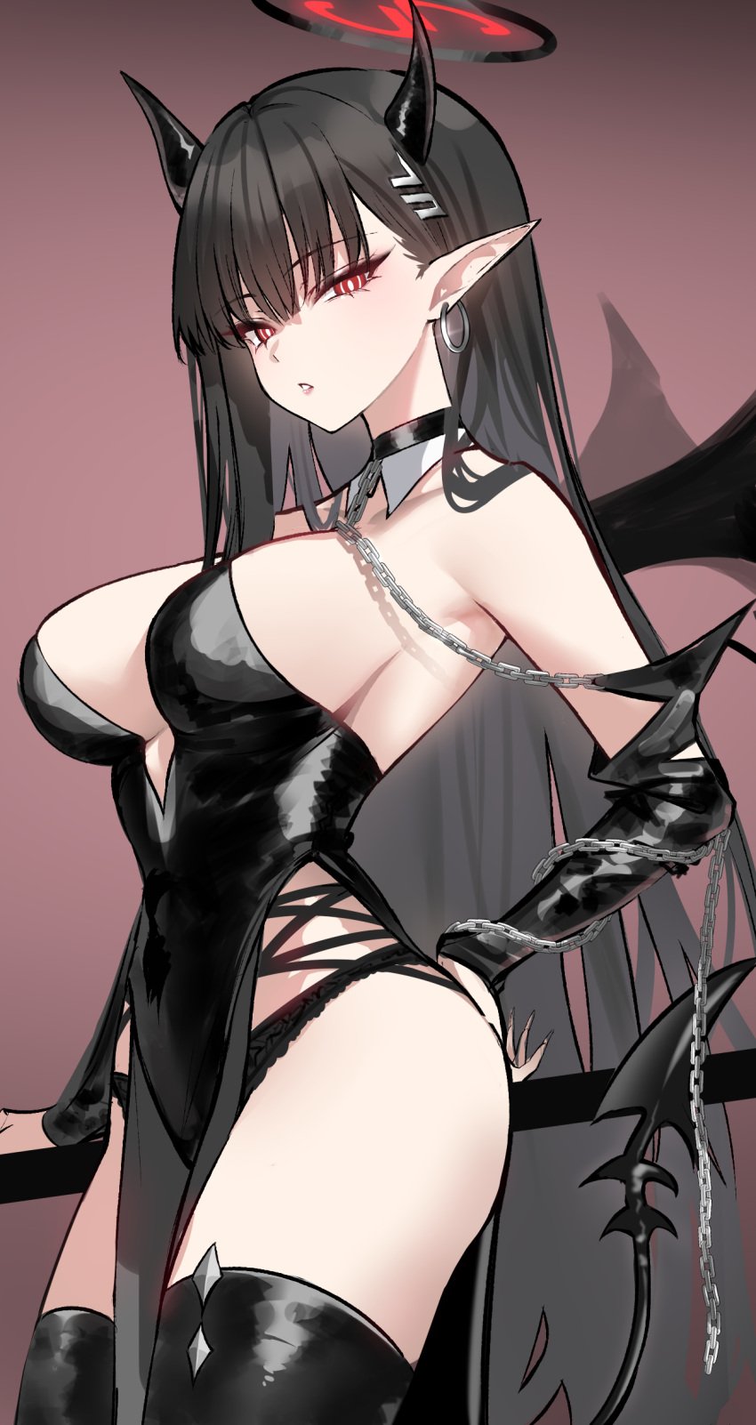 1girls absurdres alternate_costume bangs bare_shoulders big_breasts black_and_red_halo black_choker black_panties black_thighhighs black_underwear blue_archive blunt_bangs breasts bright_pupils chains choker covered_navel covered_nipples cowboy_shot demon_girl demon_horns demon_tail demon_wings detached_sleeves earrings eyebrows_visible_through_hair female female_only halo highres horns jewelry large_breasts light-skinned_female light_skin long_hair long_sleeves looking_at_viewer mechanical_halo millennium_science_school_logo_(blue_archive) millennium_science_school_student panties parted_lips pelvic_curtain pointy_ears red_background red_eyes revealing_clothes rio_(blue_archive) seminar_(blue_archive) seminar_president shigure_s sideboob simple_background solo student_council_president thighhighs thighs underwear very_long_hair white_pupils wings