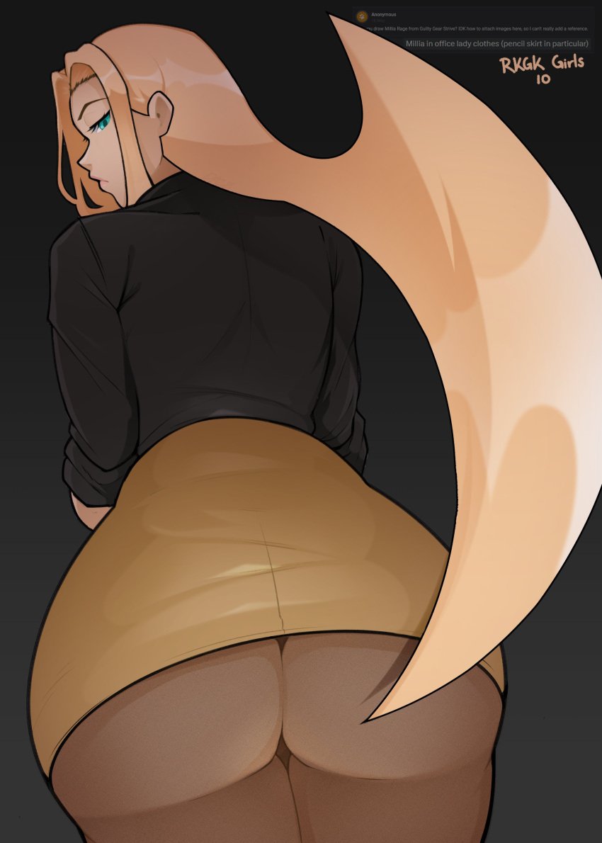 ass ass ass_focus back_view blonde_hair blue_eyes butt_focus fat_ass greatdaze guilty_gear guilty_gear_strive half-closed_eyes large_ass long_hair looking_at_viewer looking_back massive_ass millia_rage office_lady pantyhose pencil_skirt short_skirt upskirt wide_hips