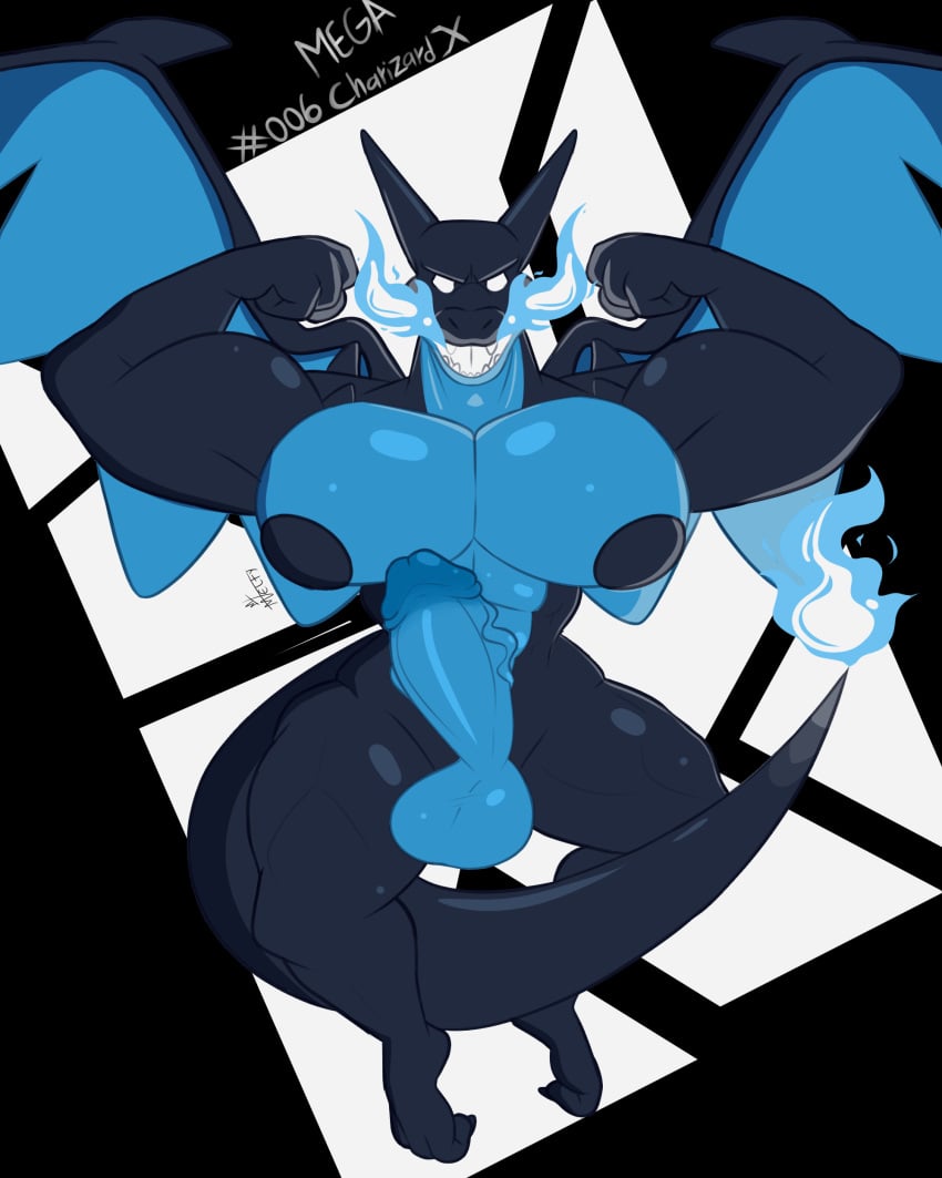 absurd_res animal_humanoid anthro balls big_balls big_penis black_body black_nipples black_skin blue_body blue_skin damelty dragon dragon_humanoid fire flexing flying generation_6_pokemon genitals hi_res horn huge_balls huge_cock humanoid long_tail looking_at_viewer male mega_charizard mega_charizard_x mega_evolution muscular muscular_anthro muscular_male muscular_thighs mythological_creature mythological_scalie mythology nintendo nipples open_mouth pecs penis pokemon pokemon_(species) scalie solo spread_legs spread_wings spreading tail teeth white_eyes wings