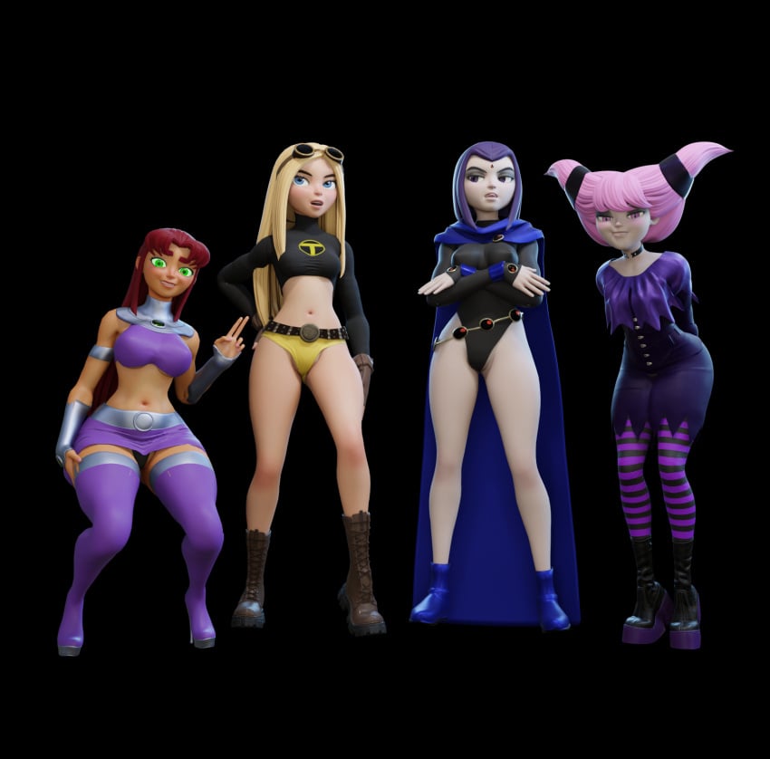 booty_shorts cameltoe dc female female_only heperson high_heels hips jinx_(dc) leotard raven_(dc) shorts skirt starfire teen_titans terra_(dc) thick thick_thighs thighs