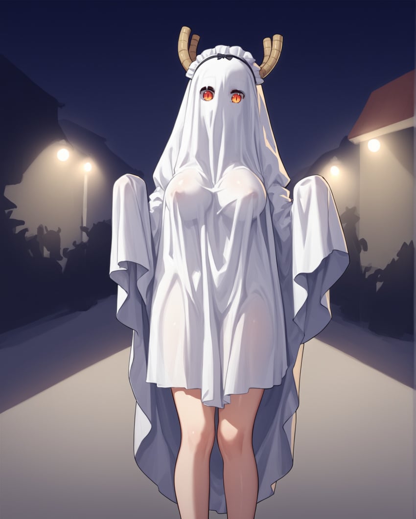 1girls ai_generated bare_legs breasts brown_horns covered_nipples dragon_girl female ghost ghost_costume ghost_girl halloween halloween_costume horns large_breasts looking_at_viewer maid_headdress miss_kobayashi's_dragon_maid naked_costume night nipples_visible_through_clothing notreallyhere perky_breasts red_orange_eyes sheet_ghost slit_pupils solo standing street tohru_(dragon_maid)