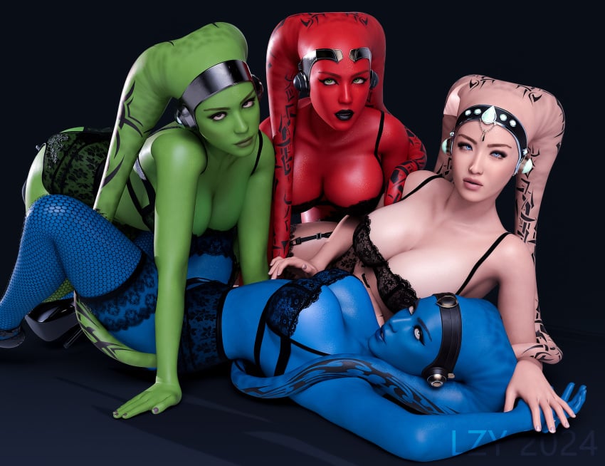 3d 4girls blue_eyes blue_skin cleavage green_eyes green_skin harem harem_girl harem_outfit headwear huge_breasts lazygunns lingerie pink_skin red_skin star_wars twi&#039;lek voluptuous