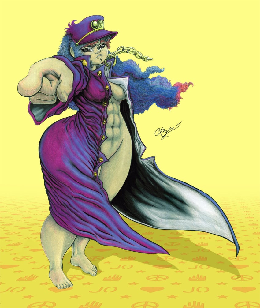 abs asian asian_female barefoot big_ass big_hips black_eyes breasts cosplay female glitch_techs jojo&#039;s_bizarre_adventure jotaro_kujo_(cosplay) miko_kubota naughty_face netflix nickelodeon purple_hair semi-naked semi-nudity simple_background smiling smiling_at_viewer strong_woman tezca_moran trenchcoat uniform wide_hips