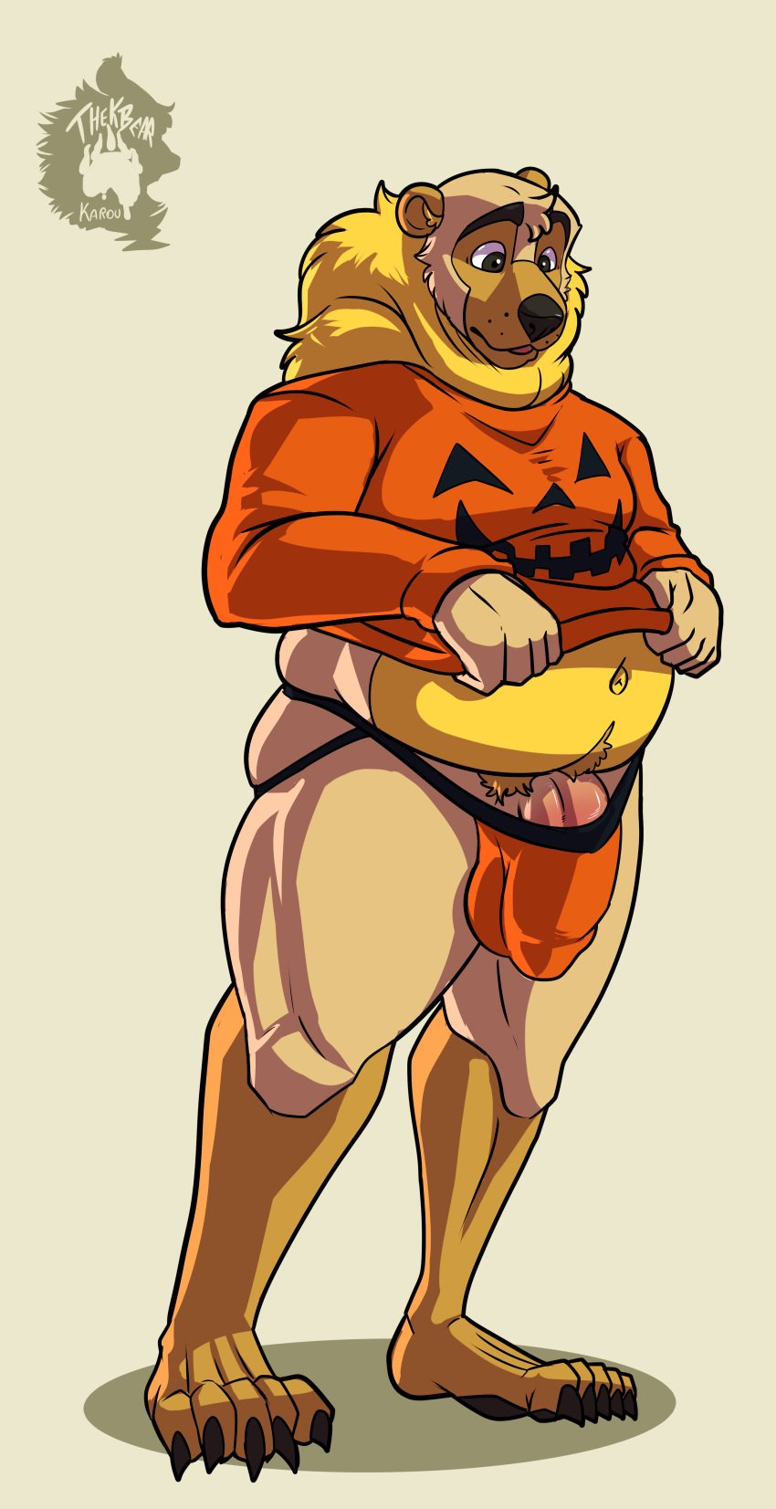 absurd_res american_black_bear anthro anthro_only barely_visible_genitalia barely_visible_penis bear black_bear chubby_anthro chubby_male clothing genitals halloween hi_res holidays jockstrap karou_(thekbear) kermode_bear looking_at_self male male_anthro mammal penis pubes pubes_exposed simple_background solo_focus sweater thekinkybear topwear underwear ursine white_background