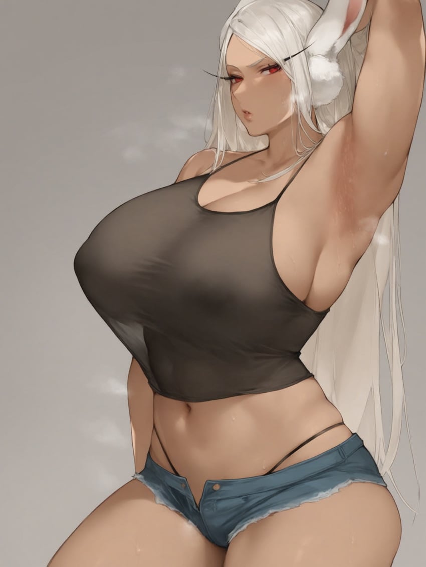 1girls ai_generated armpit armpits big_breasts boku_no_hero_academia breasts female female_only hi_res jean_shorts long_hair miruko my_hero_academia navel nipple_bulge red_eyes rumi_usagiyama simple_background solo solo_female steam steaming_body steamy_armpits steamy_breath white_hair zzipper