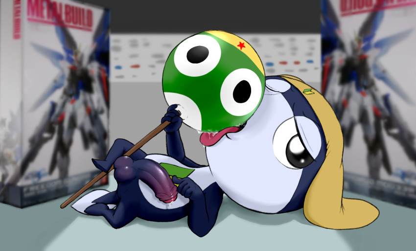 amphibian anthro balls candy detailed_background food foreskin frog gundam hi_res keronian keroro_gunsou licking lollipop looking_at_viewer male male_only model_kit nivy_(artist) penis precum saliva solo tadpole tamama tongue tongue_out