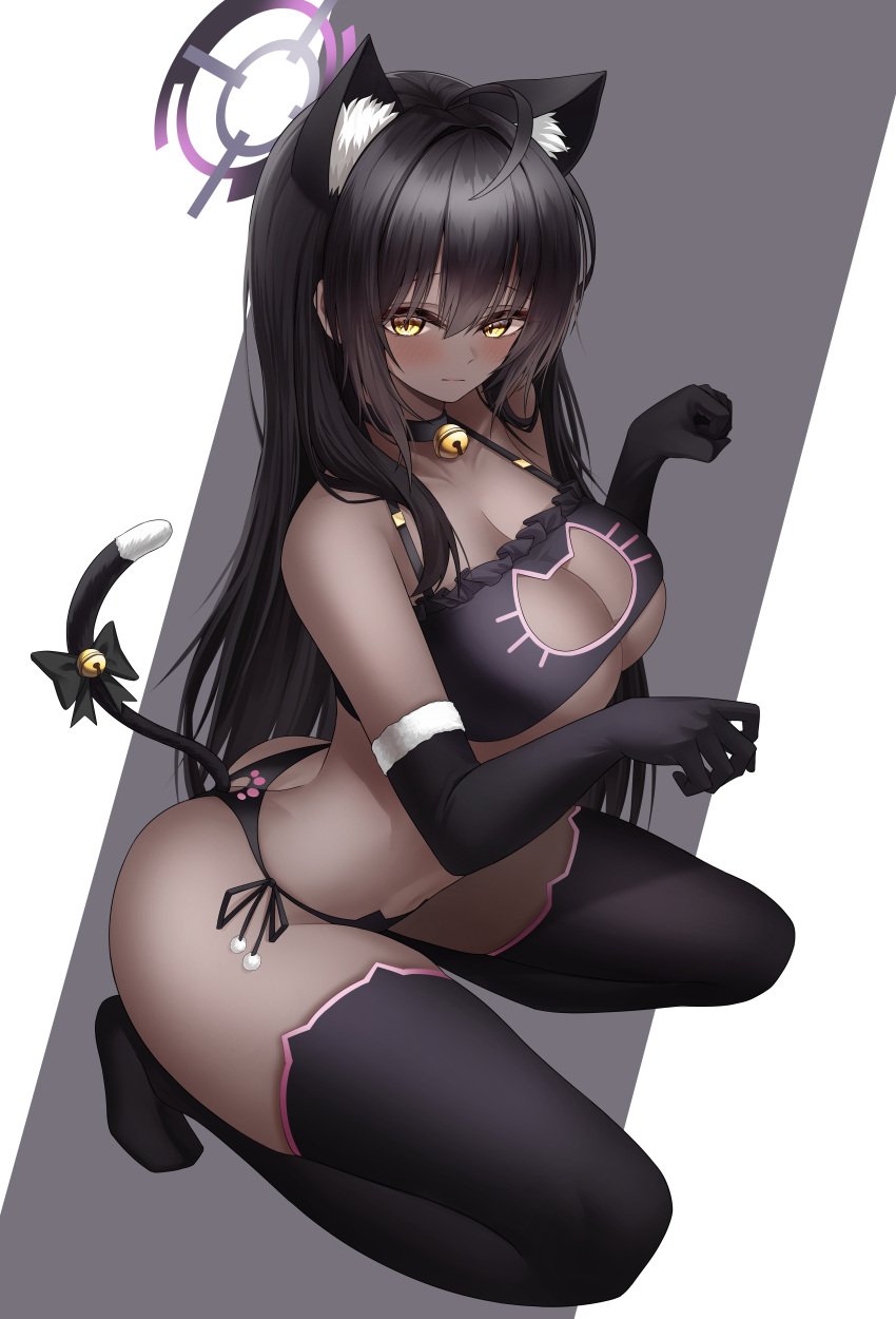 absurdres alternate_costume animal_ear_fluff animal_ears bare_shoulders bell black_bra black_choker black_gloves black_hair black_panties black_thighhighs blue_archive blush bra breasts cat_cutout cat_ear_panties cat_ears cat_lingerie cat_tail check_commentary choker cleavage cleavage_cutout clothing_cutout collarbone commentary_request cowlick dark-skinned_female dark_skin elbow_gloves female frilled_bra frills gloves grey_background hair_between_eyes halo hands_up highres jingle_bell karin_(blue_archive) kemonomimi_mode korean_commentary large_breasts long_hair looking_at_viewer meme_attire neck_bell no_shoes panties paw_pose paw_print side-tie_panties solo squatting ssb_(nit8921) stomach tail tail_bell tail_ornament thighhighs two-tone_background underwear very_long_hair white_background yellow_eyes