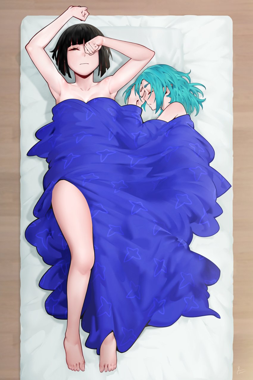 aqua_hair armpits arms_up bare_arms bare_legs bare_shoulders bare_thighs barefoot black_hair blanket breasts cleavage closed_eyes collarbone completely_nude convenient_censoring feet futon implied_yuri indoors kagenui_yozuru knee_up long_hair lying medium_breasts medium_hair monogatari_(series) nude ononoki_yotsugi parted_lips piancaesar sheets sleeping sleeping_nude sleeping_together tatami thighs toes