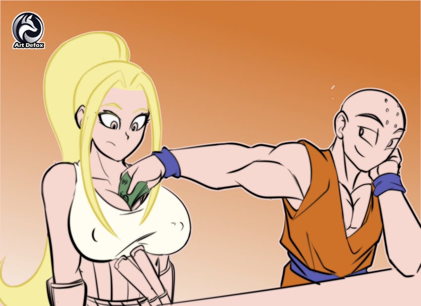 1boy 1girls artdefox bald beatrix_amerhauser blonde_female blonde_hair crossover dragon_ball dragon_ball_z hand_on_breast hand_on_breasts krillin kuririn money money_under_clothes muscular_male smug tank_top tied_hair zom_100_zombie_ni_naru_made_ni_shitai_100_no_koto