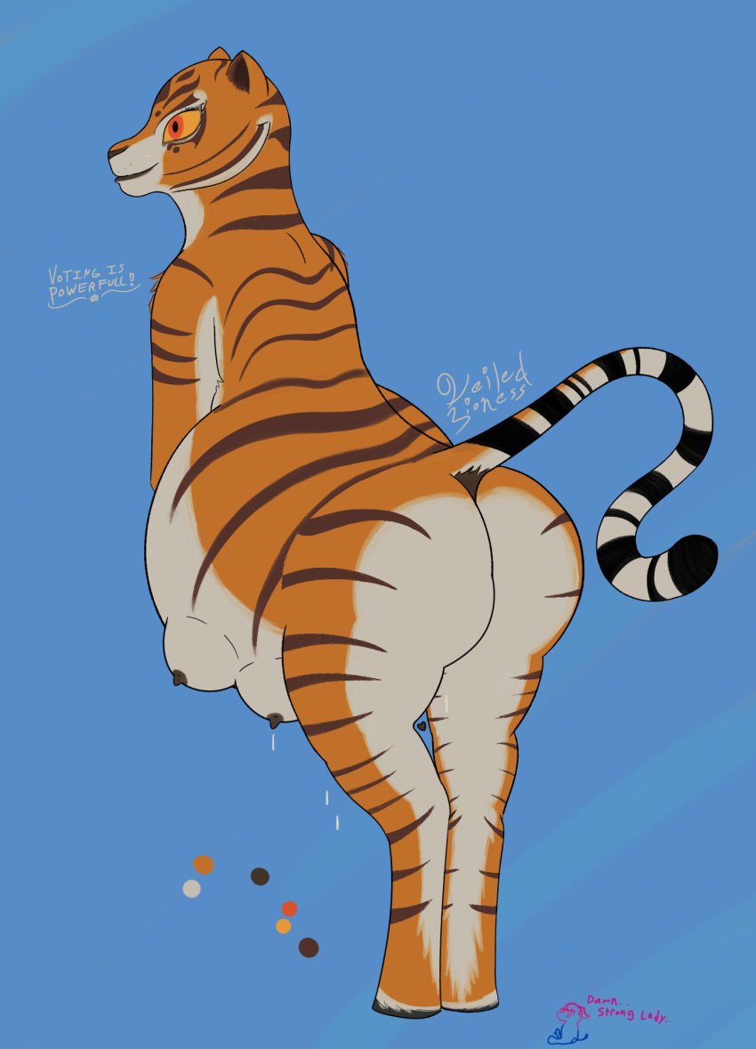 alternate_species ass big_butt bodily_fluids breasts busty_feral digital_media digital_painting dreamworks dripping dripping_pussy equid equine felid female feral flat_colors furry handwritten_text hasbro heart_symbol hi_res horse kung_fu_panda lactating lactation lgbt_pride mammal master_tigress my_little_pony pantherine ponification pony pregnant pride_colors raised_tail signature simple_background solo south_china_tiger tail text thick_thighs tiger veiled_lioness