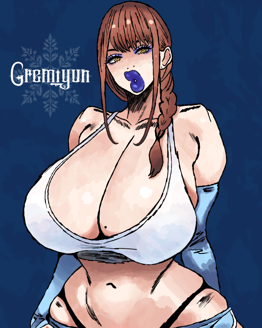 big_breasts bimbo blue_lipstick brown_hair chainsaw_man cleavage gremiyun huge_breasts makeup makima_(chainsaw_man) milf plump