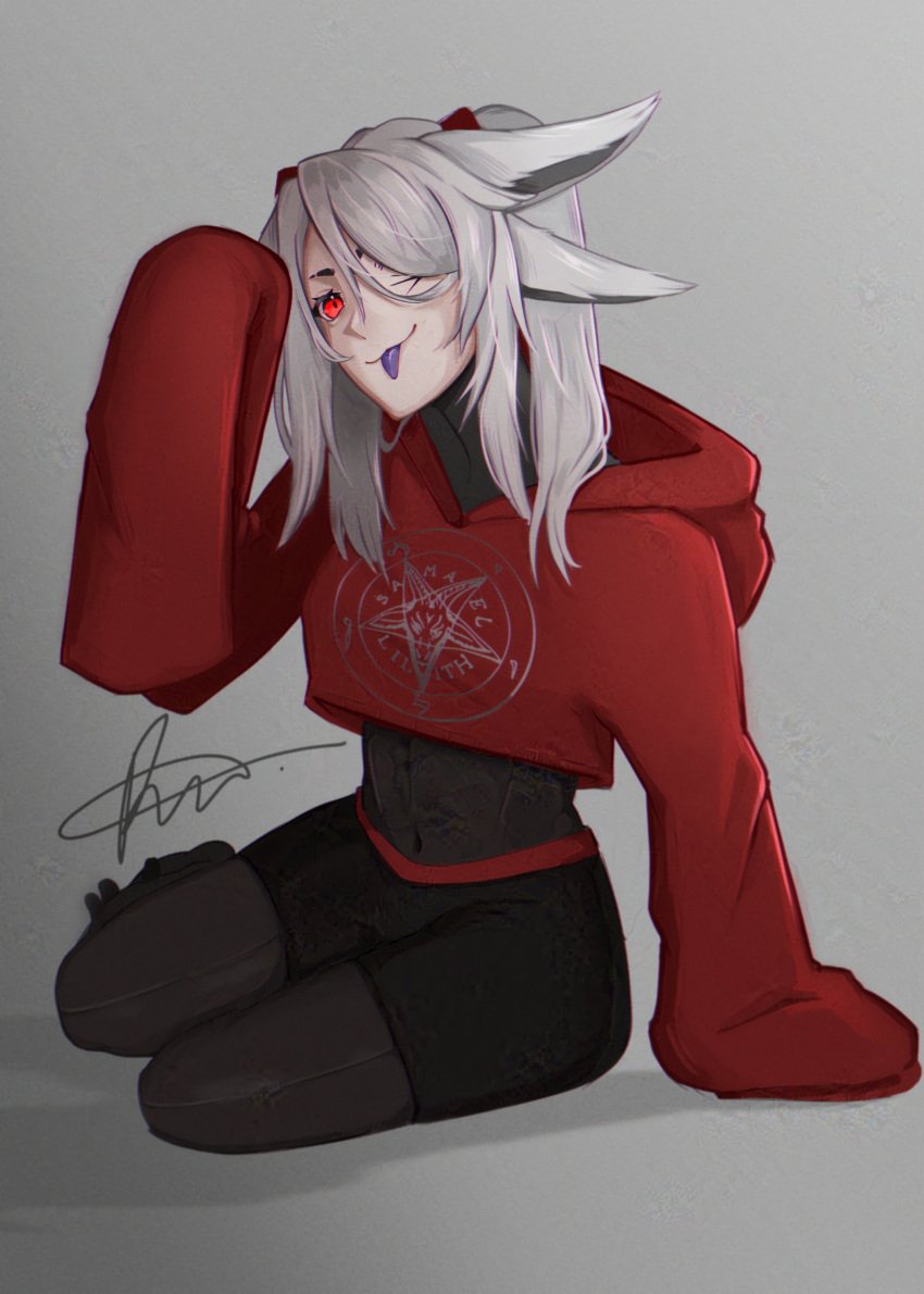 1girl animal_ears artist_name black_legwear black_skirt dya_rikku_(vtuber) eyepatch face_markings female fox_ears grey_background hair_over_one_eye hood hood_down hoodie long_hair long_sleeves looking_at_viewer ponytail red_eyes signature silver_hair sitting skin_tight sleeves_past_fingers sleeves_past_wrists solo tongue tongue_out virtual_youtuber vyugen white_hair