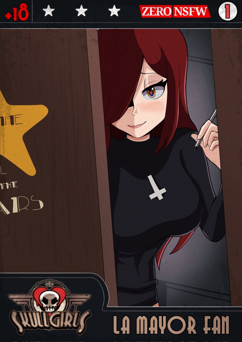 blush doujin doujin_cover female heart-shaped_pupils human looking_at_viewer parasoul skullgirls spanish spanish_text video_games zerohe_art_blue