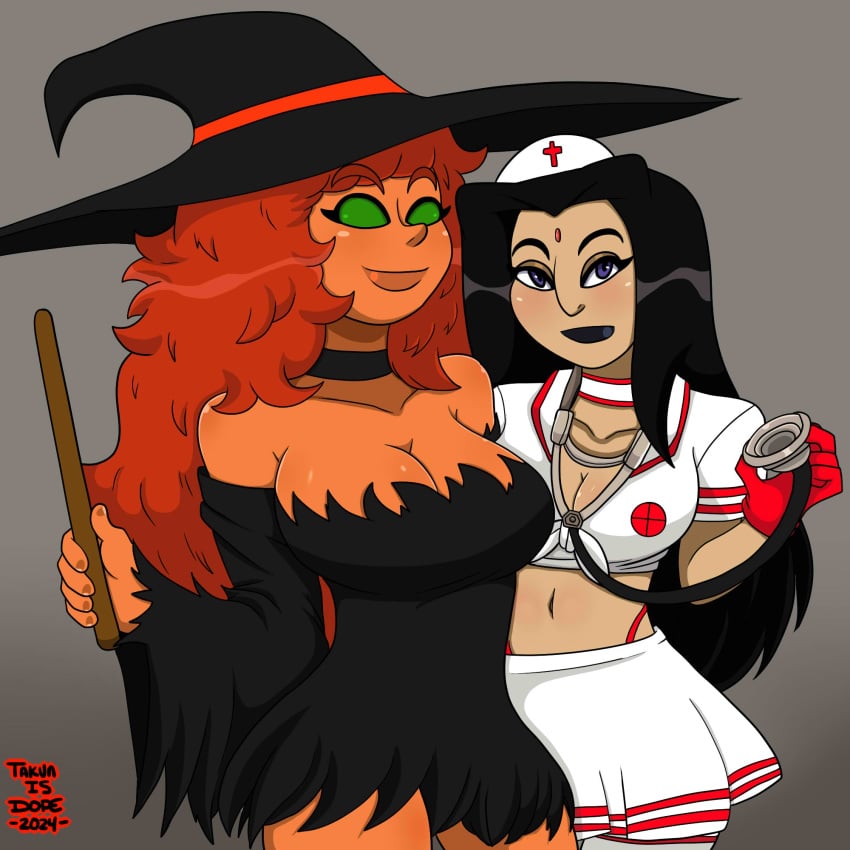 2girls alien alien_girl big_breasts black_hair dc dc_comics dopeisnukat female female_only gloves green_eyes halloween_costume indian indian_female koriand'r large_breasts multiple_girls nurse nurse_cap nurse_uniform orange_hair orange_skin purple_hair rachel_roth raven_(dc) raven_(dc)_(classic) starfire starfire_(comics) teen_titans wand witch_costume witch_hat