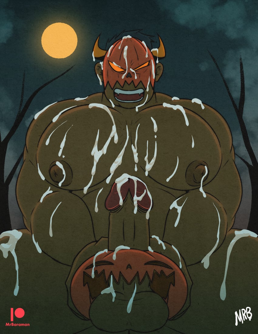 abs balls bara biceps big_balls big_penis cum erection fucking_pumpkin genital_fluids halloween holidays male male_nipples male_only mrbaraman muscular_male nipples nude orgasm pecs penis pumpkin_masturbation