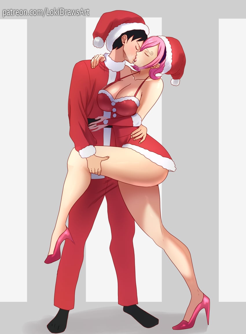 1girls bare_legs big_breasts blue_eyes blush christmas cleavage female heavy_breathing high_heels kissing large_breasts leg_grab leg_up legs lipstick lokidrawsart male monkey_d_luffy one_piece pink_hair standing sweat sweatdrop thighs vinsmoke_reiju