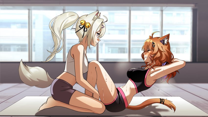 2girls ahoge animal_ear_fluff animal_ears armpits bangs bare_shoulders barefoot blonde_hair blurry blurry_background blurry_foreground breasts cat_ears cat_tail catgirl depth_of_field eyebrows_visible_through_hair face_markings female female_only filian filian_(vtuber) from_side hair_between_eyes indie_virtual_youtuber indoors large_breasts long_hair looking_at_another midriff multiple_girls navel red_eyes shorts silver_hair sitting sports_bra squchan_(vtuber) stretch sweat tail virtual_youtuber vyugen white_hair