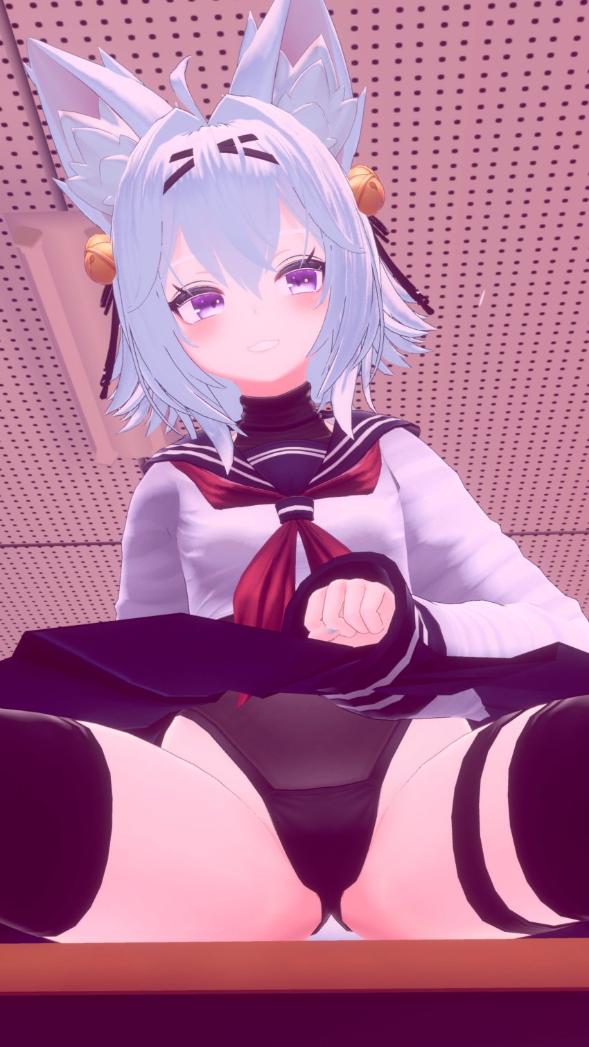 3d filian filian_(vtuber) filiannevr indie_virtual_youtuber lifting_skirt panties pantyshot school_uniform skirt skirt_lift tagme upskirt virtual_youtuber vrchat vtuber white_hair