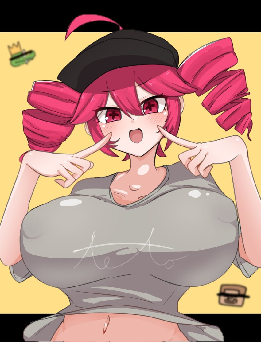 1girls 2d 2d_(artwork) big_breasts clothed clothing female female_only huge_breasts kasane_teto mv_character navel nipple_bulge override_(synthesizer_v) red_eyes red_hair shirt_lift skeletons62 smile synthesizer_v utau