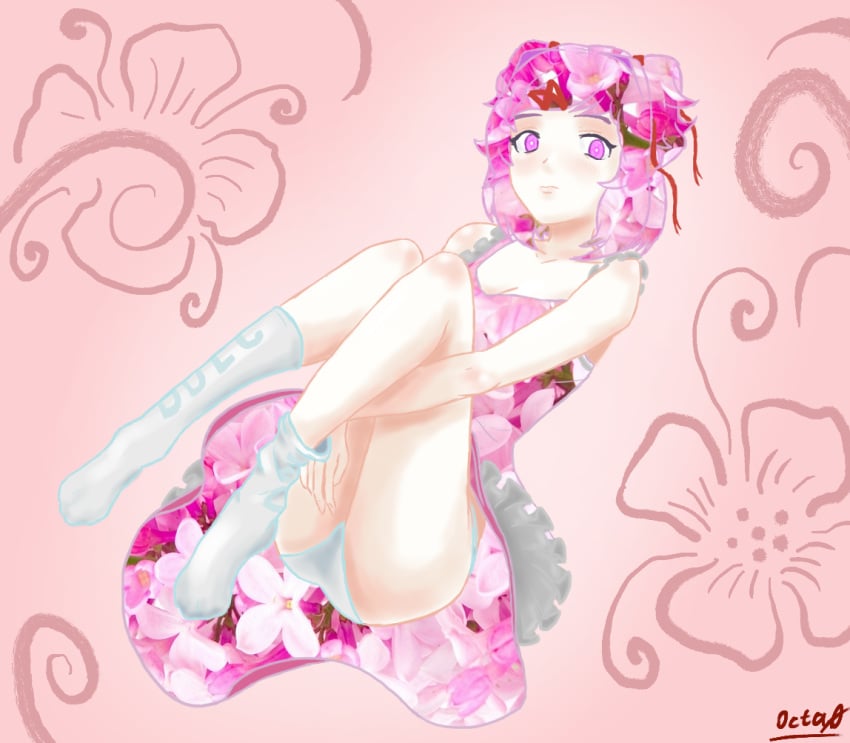 artist_name blush butt doki_doki_literature_club flower flowers natsuki_(doki_doki_literature_club) octa0 panties pink_eyes pink_hair socks white_panties