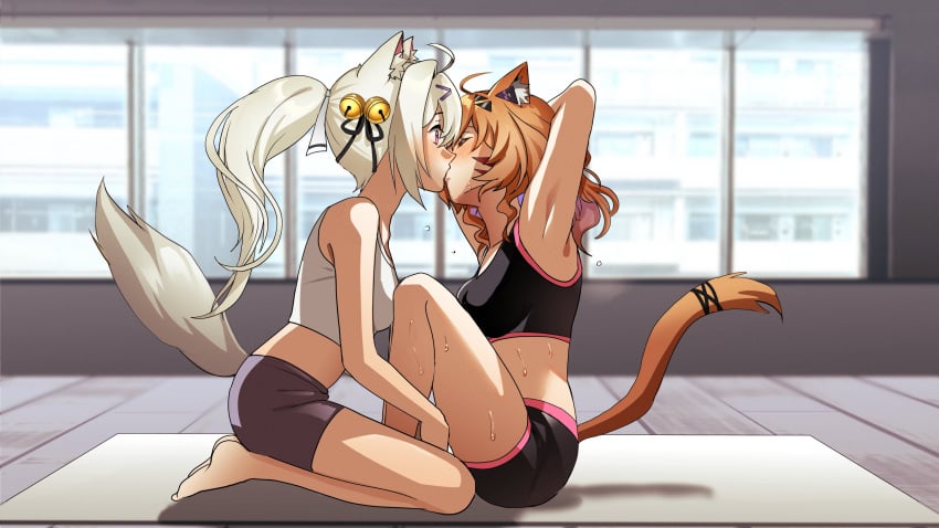 blonde_hair breasts cat_ears cat_tail catgirl face_markings female female_only filian filian_(vtuber) indie_virtual_youtuber indoors kissing red_eyes squchan_(vtuber) virtual_youtuber vyugen