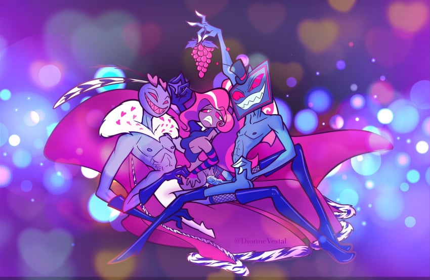 2024 arthropod artist_request bisexual demon demon_boy demon_humanoid gay grapes hazbin_hotel humanoid moth threesome valentino_(hazbin_hotel) velvette vox_(hazbin_hotel)