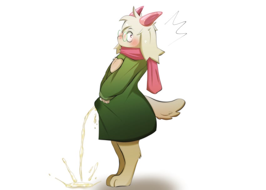 1boy anthro aroused blush blushing blushing_at_viewer bodily_fluids bovid caprine clothed clothing deltarune dress erection_through_clothing femboy genital_fluids goat hi_res horn male male_only mammal pee peeing peeing_on_floor peeing_through_clothing piss ralsei sheepsheepbeep shocked solo undertale_(series) urine watersports