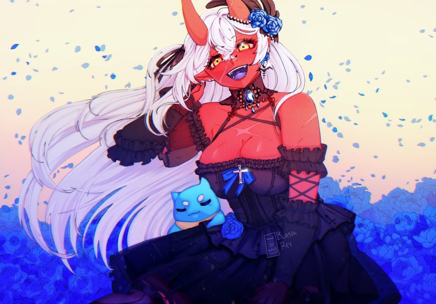 1girl :d akumi bare_shoulders black_ribbon blue_flower blue_rose blush breasts choker cleavage detached_sleeves dress eyebrows_visible_through_hair fangs female fingernails flower hair_between_eyes hair_flower hair_ornament horns jewelry large_breasts long_hair looking_at_viewer oni oni_horns open_mouth pointy_ears red_flower red_rose red_skin ribbon rose scars single_horn smile solo very_long_hair virtual_youtuber vyugen white_hair yellow_eyes