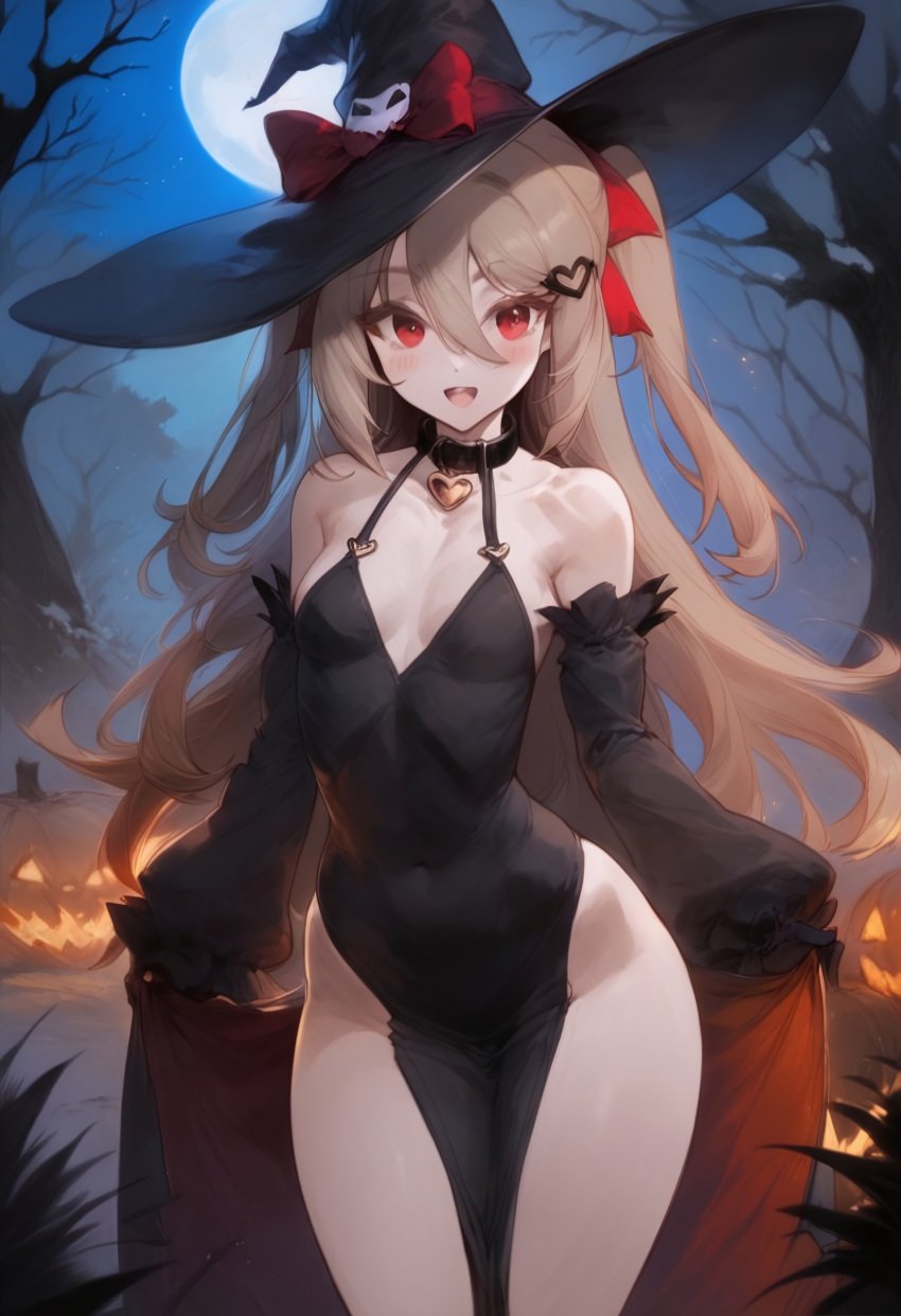 1girls ai_generated black_dress blush civitai collar cowboy_shot dress evil_neuro female forest hair_ornament halloween happy hips looking_at_viewer moon neuro-sama night open_mouth red_eyes ribbon smile thick_thighs thighs tight_clothing wide_hips witch_hat