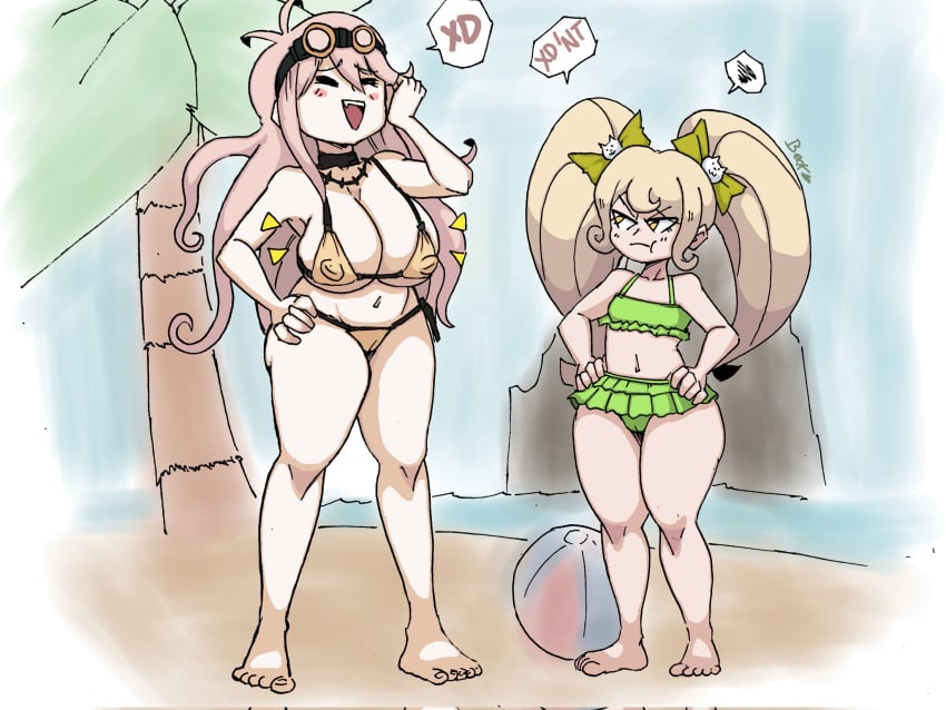 2girls annoyed annoyed_expression ass becku big_breasts bikini blonde_hair bubble_butt danganronpa danganronpa_(series) danganronpa_2:_goodbye_despair danganronpa_v3 female_only huge_ass iruma_miu laugh laughing saionji_hiyoko shortstack small_breast_humiliation small_breasts standing tagme thick_thighs twintails yuri