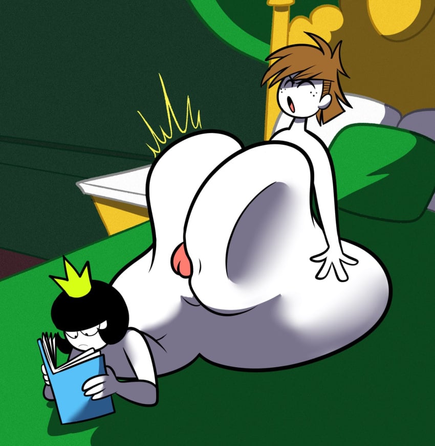 bed bedroom_sex black_hair bored_sex brown_hair buttjob clapping_ass crown cupboard freckles_on_face green_background huge_ass laying_on_stomach male/female naked noseless oboithisisfunky oc original original_characters penis_between_ass princess princess_applebottom princess_backache reading