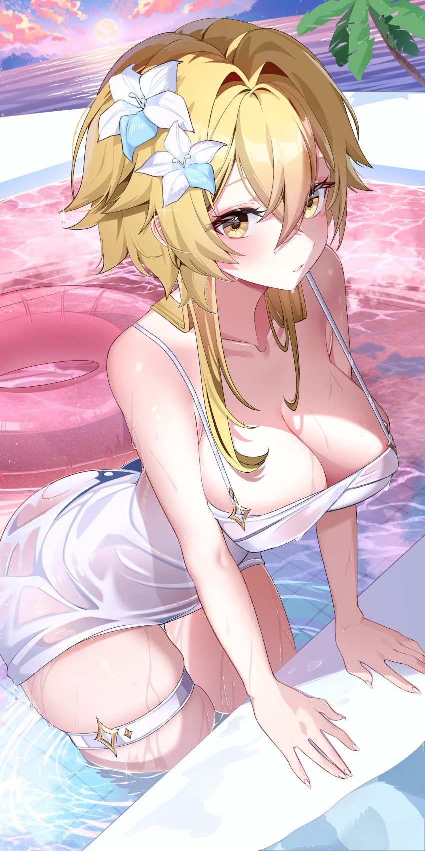 1girls absurd_res absurdres adult adult_female aqua74286 areola_bulge arm_support ass blonde_eyebrows blonde_female blonde_hair blonde_hair_female blush blush_face blushed_face blushing_at_viewer blushing_face blushing_female breasts busty busty_female busty_girl cleavage clouds collarbone curvy curvy_body curvy_female curvy_figure curvy_hips day daytime dot_nose dress dripping_wet embarrassed_exposed_female embarrassed_expression embarrassed_female fair_skin female female_focus female_only fingernails fingers flower flower_hair_ornament flower_in_hair flower_on_head genshin_impact hair_between_eyes hair_ornament half_submerged high_resolution highres hourglass_figure large_breasts lean_body lean_figure legs light-skined_female light-skinned light-skinned_female light_skin light_skin_female light_skinned light_skinned_female long_hair looking_at_viewer looking_up looking_up_at_viewer lumine_(genshin_impact) mature mature_female narrow_waist nipple_bulge outdoor outdoors outfit outside pale pale-skinned_female pale_skin pale_skinned_female partially_submerged partially_submerged_legs short_hair shoulders sky slender_body slender_waist slim_girl slim_waist smooth_skin soaked soaked_clothes soaked_pussy solo standing submerged_feet submerged_legs thick_thighs thighband thighs thin_waist topwear upper_body wet wet_belly wet_body wet_breasts wet_clothes wet_clothing wet_face wet_hair wet_legs wet_pussy wet_skin wet_thighs wet_vagina white_dress white_outfit white_thighband white_topwear wide_hips yellow_eyes yellow_eyes_female