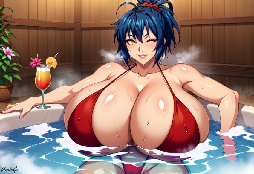 ai_generated breasts dark_blue_hair flower_in_hair gigantic_breasts holding_cocktail hot_tub huge_breasts kunoichi looking_at_viewer manyuu_chifusa manyuu_hikenchou massive_breasts milf ponytail posing red_bikini relaxing samurai self_upload stable_diffusion sweat unclego voluptuous wink yellow_eyes