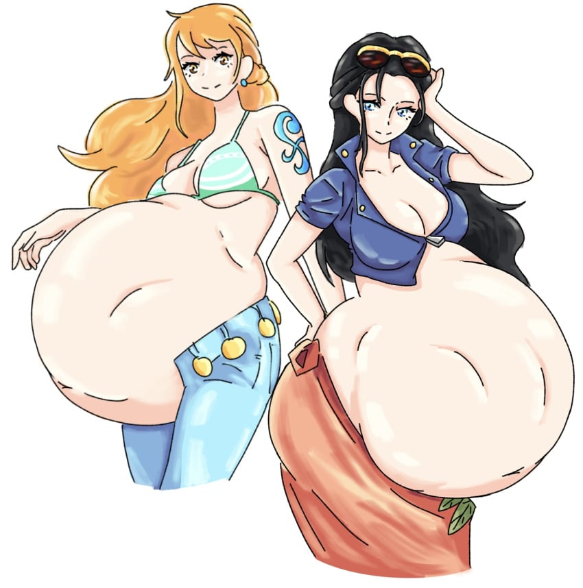 2girls bikini_top blueb140 female female_only female_pred human human_only jeans nami nami_(one_piece) nico_robin one_piece post-timeskip tagme vore vore_belly