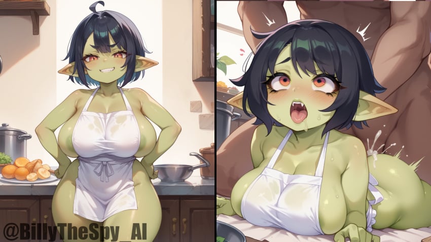 ai_generated apron billythespy goblin goblin_female green_skin large_ass large_breasts shortstack tagme