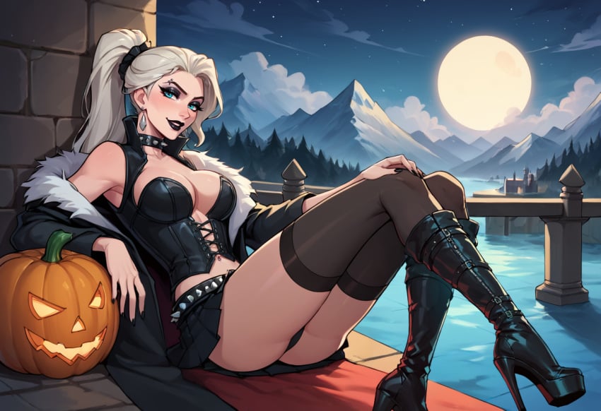 ai_generated ass_focus black_bodice black_boots black_panties black_skirt black_stockings bodice choker cleavage disney elsa_(frozen) eyebrow_piercing frozen_(film) jack-o'-lantern makeup platform_heels round_breasts spiked_collar stable_diffusion upskirt winter