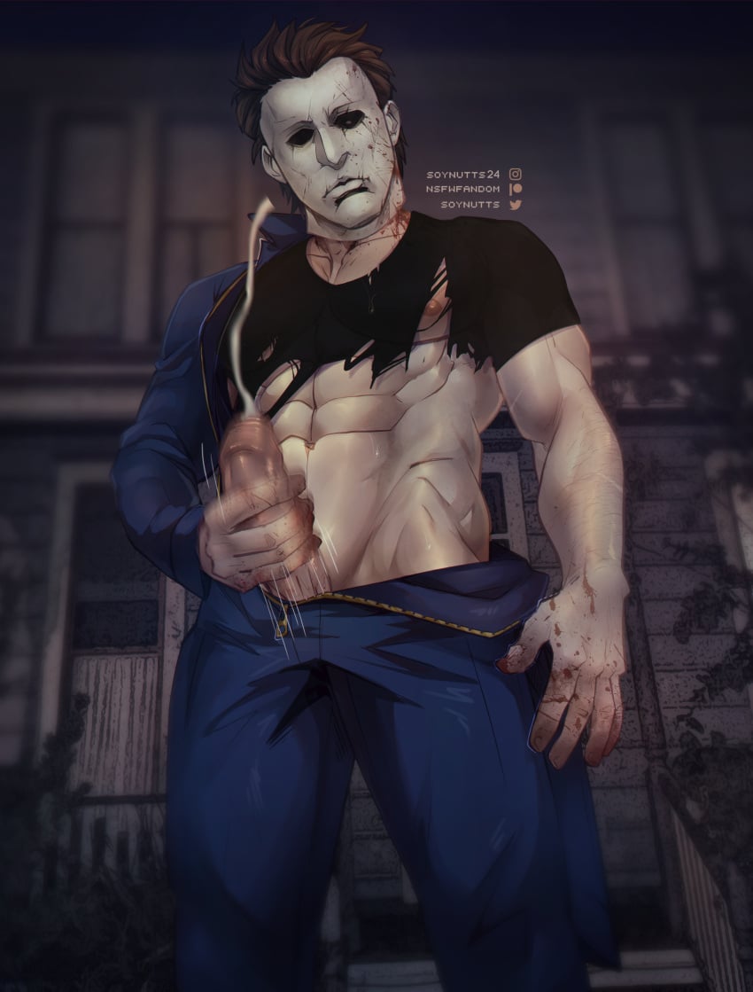 bara big_penis bulge clothing cum erection genital_fluids halloween halloween_(series) male male_only mask masked_male masturbation michael_myers muscular_male orgasm penis soynutts