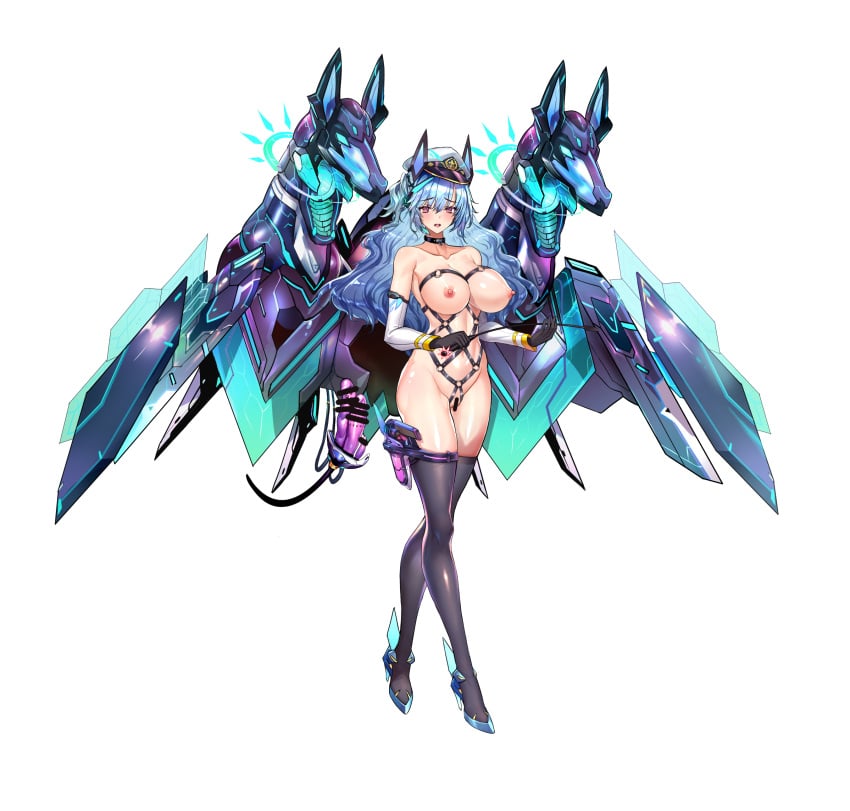 animal_ears bar_censor black_gloves black_thighhighs blue_footwear blue_hair censored chinese_commentary commentary_request detached_sleeves dildo fake_animal_ears female gloves high_heels highres holster jackal_ears jacket long_hair looking_at_viewer nipples non-humanoid_robot purple_eyes q_azieru robot robot_animal sex_toy simple_background solo star_lusts thigh_holster thigh_strap thighhighs variant_set white_background