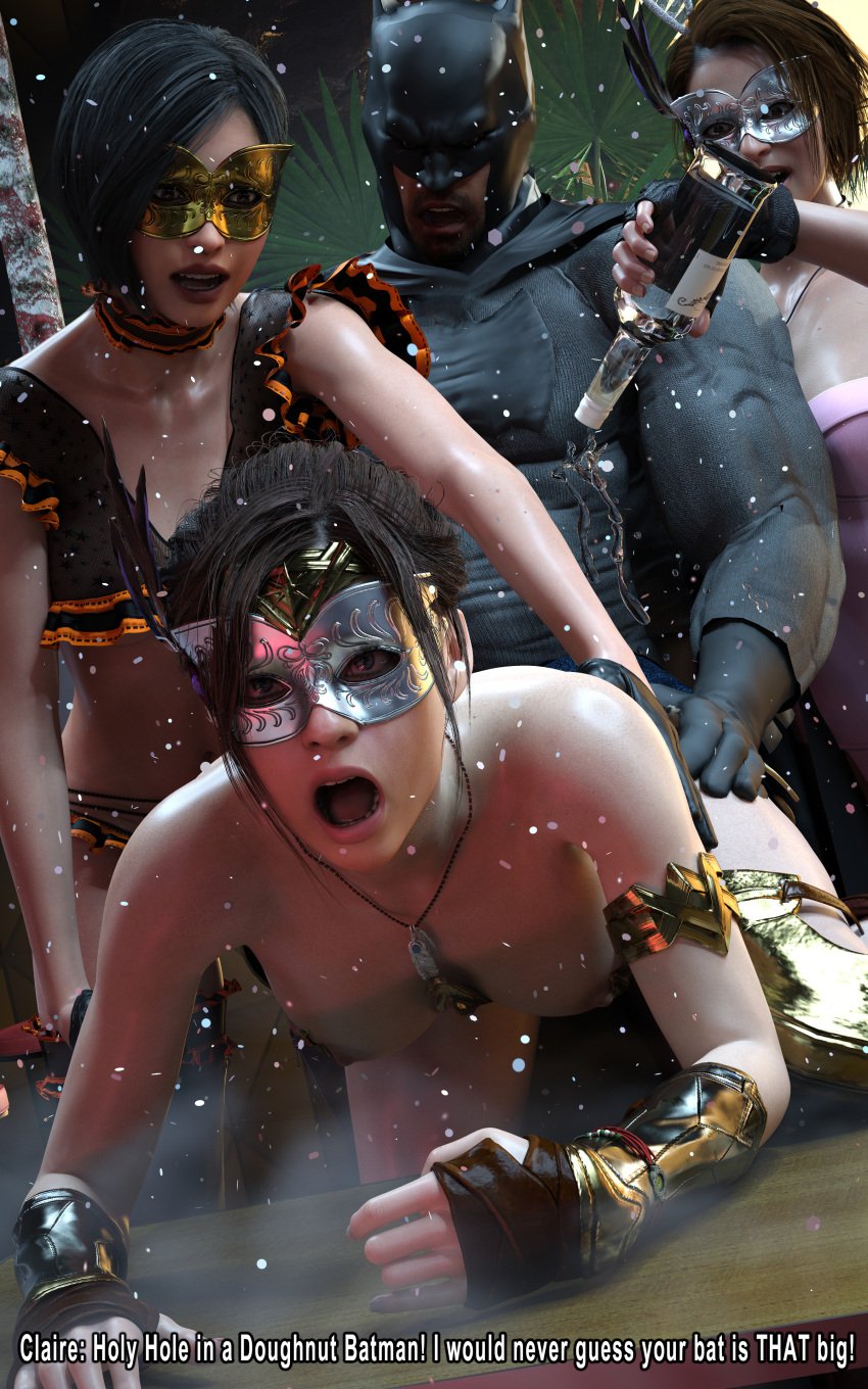 1boy 1boy1girl 1girls 3d accidental_incest ada_wong batman_(cosplay) breasts breasts_out brother_and_sister brown_hair chris_redfield claire_redfield comic dialogue english_text from_behind from_behind_position funny half_naked halloween incest jill_valentine masked party ponytail pouring resident_evil roosterart wonder_woman_(cosplay)