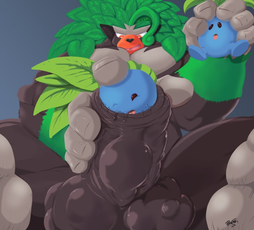 ambiguous_gender anthro anthro_pred balls balls_bulge big_balls big_penis bodily_fluids brown_body bulge_in_penis cock_vore cum digestion erection feet feral forced foreskin generation_1_pokemon generation_8_pokemon genital_fluids genitals group hi_res holding_prey huge_balls huge_cock humanoid_genitalia humanoid_penis male male/ambiguous male_penetrated mammal multiple_prey muscular muscular_male nintendo nude oddish open_mouth pandottermon penetration penile penis pokemon pokemon_(species) precum questionable_consent rillaboom simple_background size_difference smile tongue trio unwilling_prey vore willing_pred