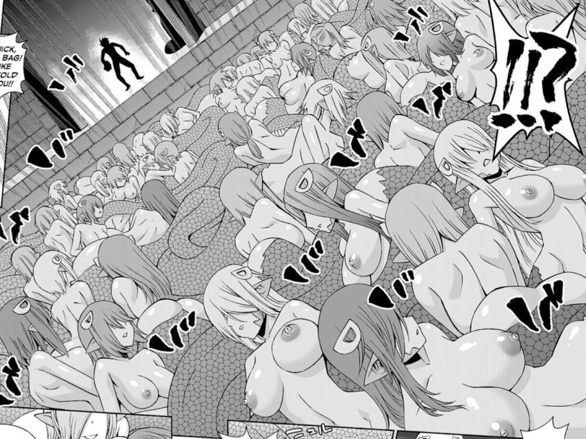 1boy completely_nude imminent_gangbang kurusu_kimihito lamia manga_page monster_musume_no_iru_nichijou multiple_girls nipples okayado tagme