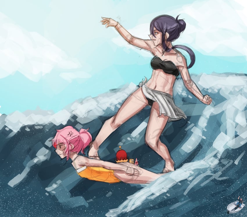 bikini bikini_bottom bikini_top breasts cleavage doki_doki_literature_club human_surfboard lolisakuya natsuki_(doki_doki_literature_club) nickelodeon patrick_star pink_hair purple_hair spongebob_reference spongebob_squarepants spongebob_squarepants_(character) surfing swimwear water yuri_(doki_doki_literature_club)