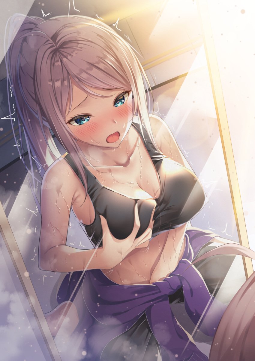 1girls blue_eyes breasts clothed_masturbation female_masturbation groping_self hand_under_pants idol jacket_around_waist looking_at_reflection love_live!_nijigasaki_high_school_idol_club masturbation mirror mirror_reflection oku_1225 ponytail reflection self_fondle solo solo_female sports_bra sweat sweaty zhong_lanshu