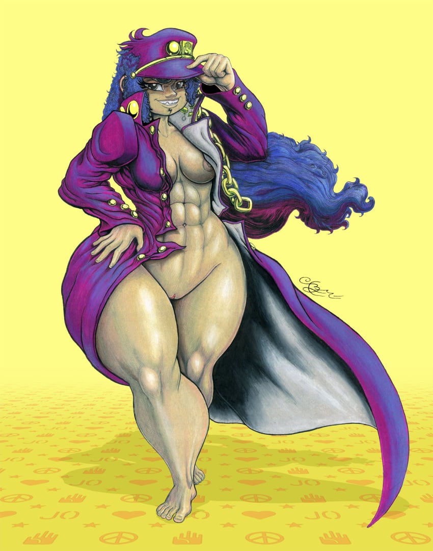 abs asian asian_female big_ass big_hips black_eyes breasts cosplay female glitch_techs jojo's_bizarre_adventure jotaro_kujo_(cosplay) miko_kubota naughty_face purple_hair semi-naked semi-nudity simple_background smiling smiling_at_viewer strong_woman tezca_moran trenchcoat uniform wide_hips