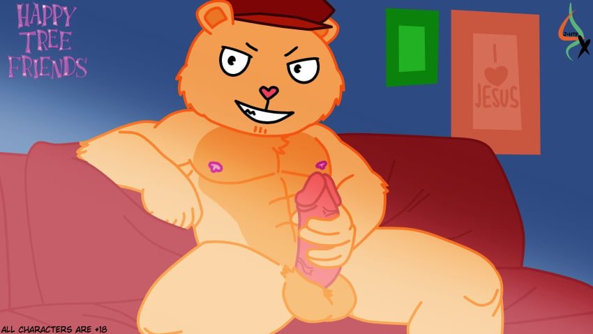 anthro bear brown_bear clothing erection genitals grizzly_bear happy_tree_friends hat hat_only headgear headgear_only headwear headwear_only hi_res jameshtf male mammal mostly_nude muscular muscular_male nipples nude penis pop_(htf) sexy_eyes smile solo stroking_penis ursine