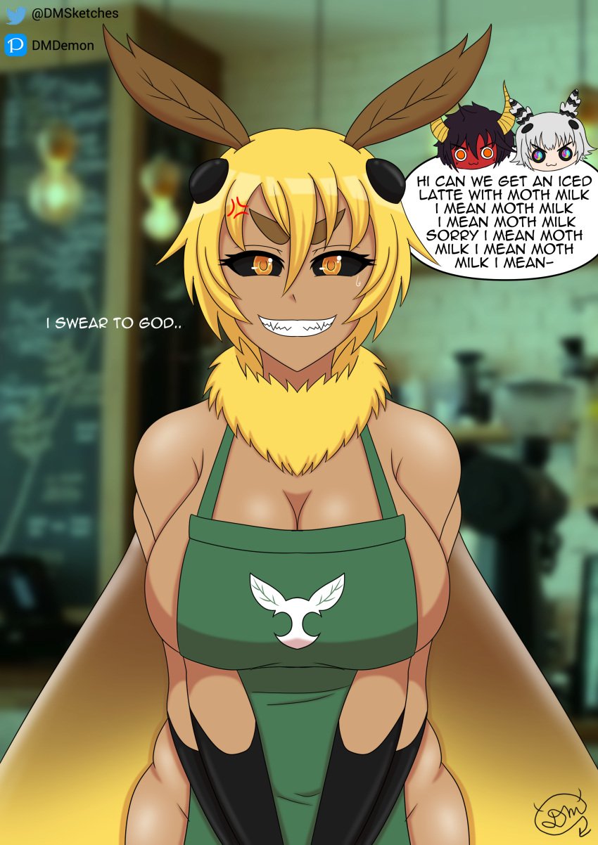 4_arms angry antennae apron black_sclera blonde_hair brown_antennae chitin dialogue dmdemon insect_girl large_breasts moth moth_girl naked_apron neck_tuft oc orange_eyes original_character sharp_teeth short_hair sideboob tan_skin theia_(dmdemon) wide_hips wings