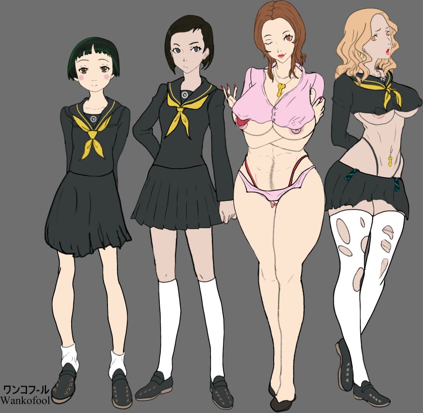 4 4girls atlus ayane_matsunaga big_breasts cleavage concept_art ebihara_ai female female_only kashiwagi_noriko matsunaga_ayane noriko_kashiwagi ozawa_yumi persona persona_4 persona_4_the_golden showing_off sketch tagme teacher thick_ass thick_hips thick_thighs wankofool wide_hips